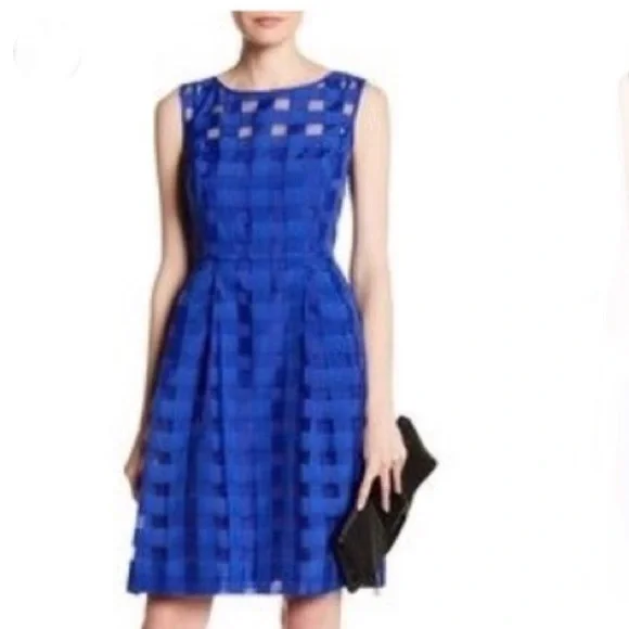 Ellen Tracy | Dresses | Blue Check Sheer Overlay Fit And Flare Dress |  Poshmark